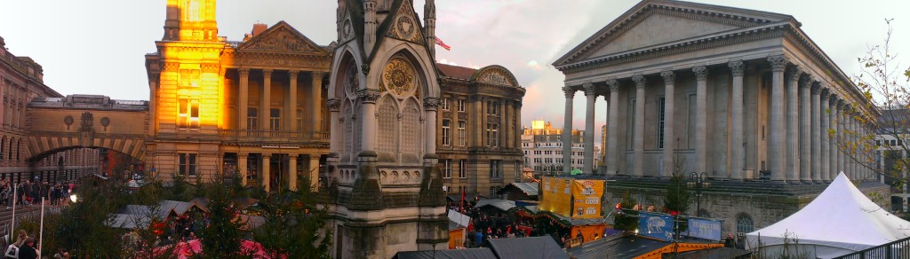 Birmingham, with the city hall on the right (the "Parthanon") and the Museum in the center-rear (with Greek columns now managing to look Victorian.) Around the base of the tower in the foreground, you can see the "Frankfurt" Christmas market.
