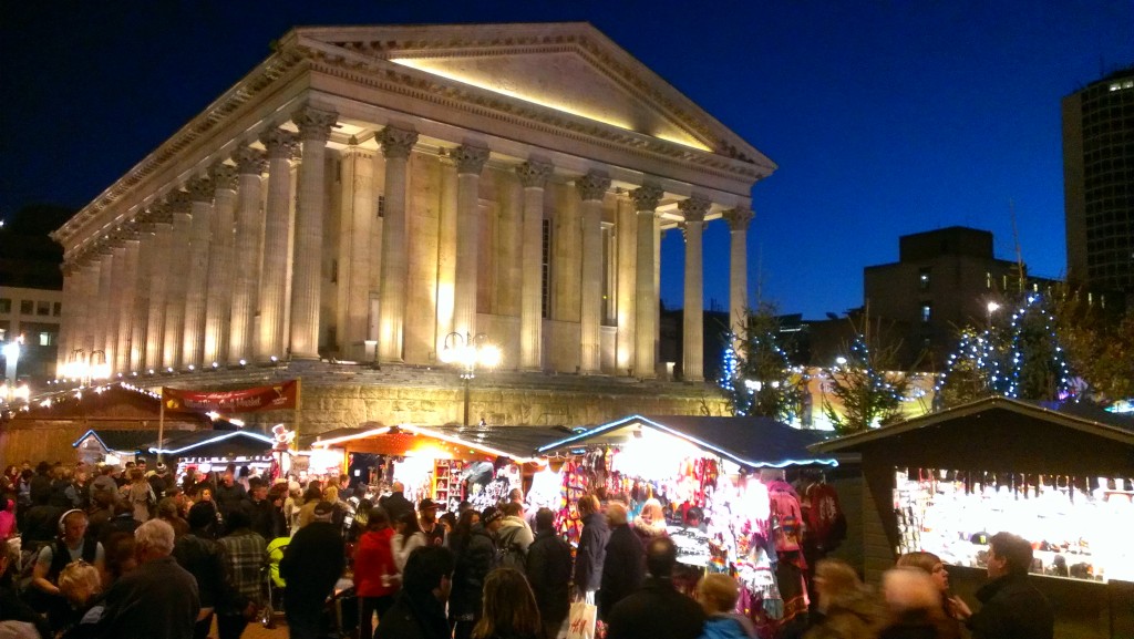 Birmingham City Hall, at night (well.....5pm on a November afternoon.) The Frankfurt Christmas market, in the foreground, was in full swing.